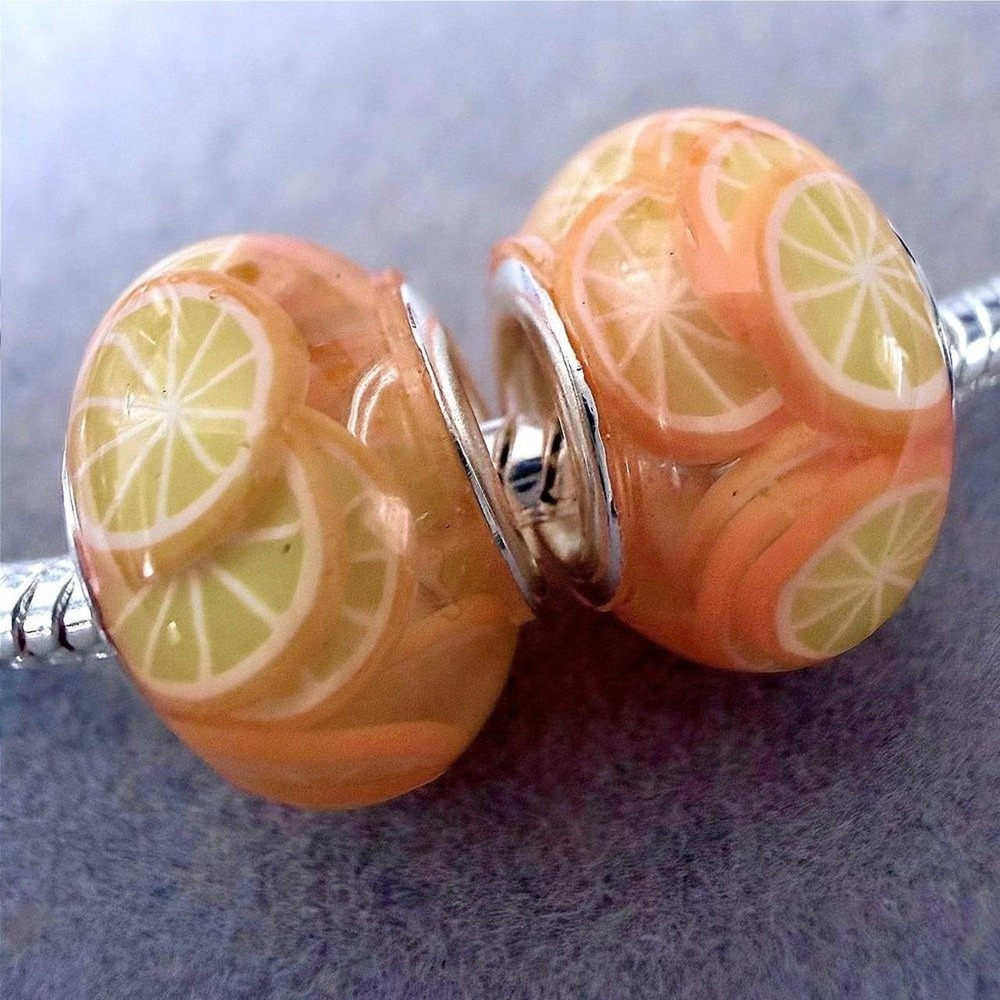 Orange Lemon Citrus Fruit European Beads Set of 2 fits PANDORA